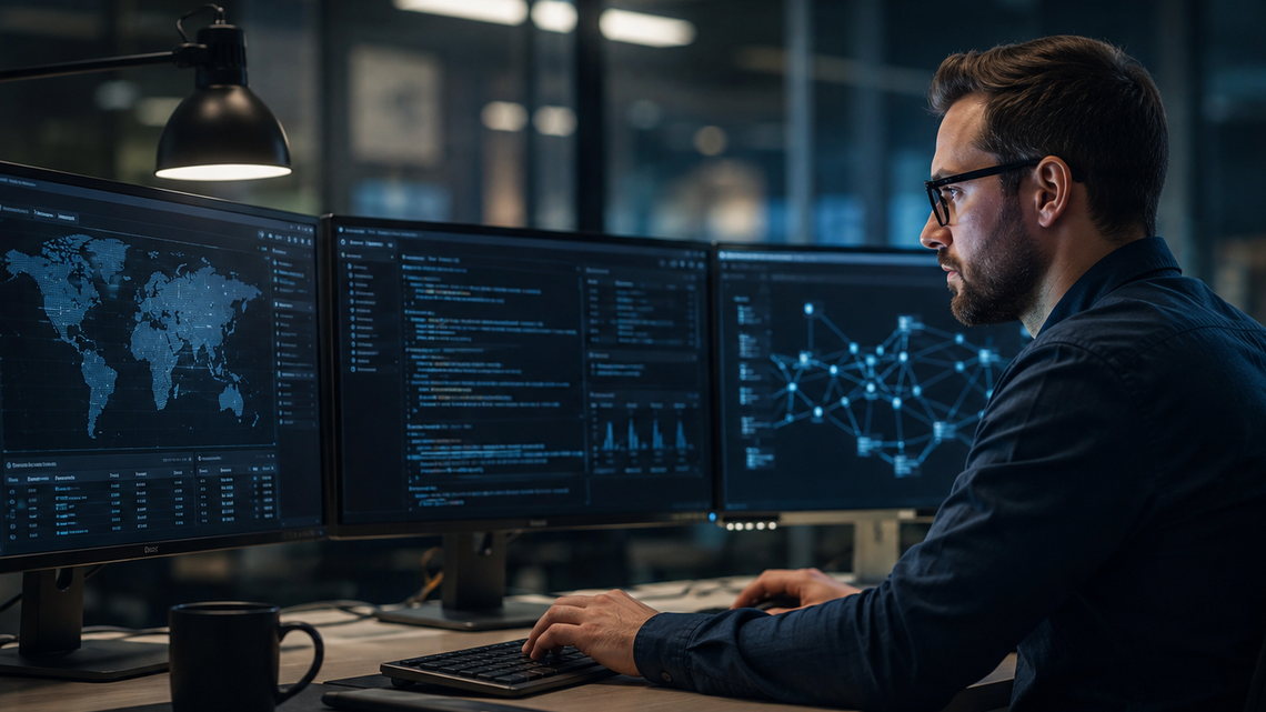 A security analyst at a three-monitor workstation reviewing dashboards, logs and a network topology view in a darkened office
